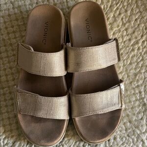 Vionic Shimmering Beige Slide Sandals